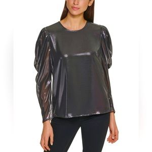 NWT Calvin Klein Foiled Wet Look Puff Sleeve Shirt Blouse Top Sz Medium $89 MSRP
